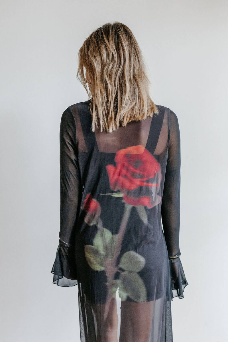 Rose Back-Print Sheer Mesh Tie-Front Kimono