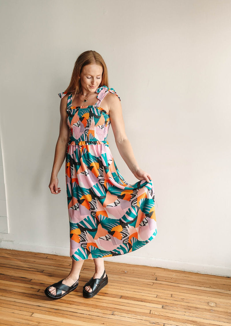 arlo-smocked-midi-dress-tie-sleeves-colorful-palm-print