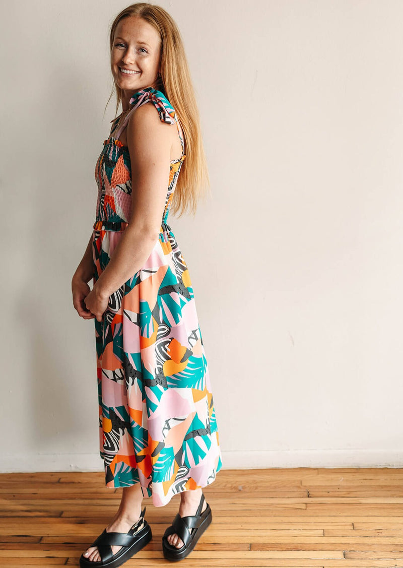 arlo-smocked-midi-dress-tie-sleeves-colorful-palm-print