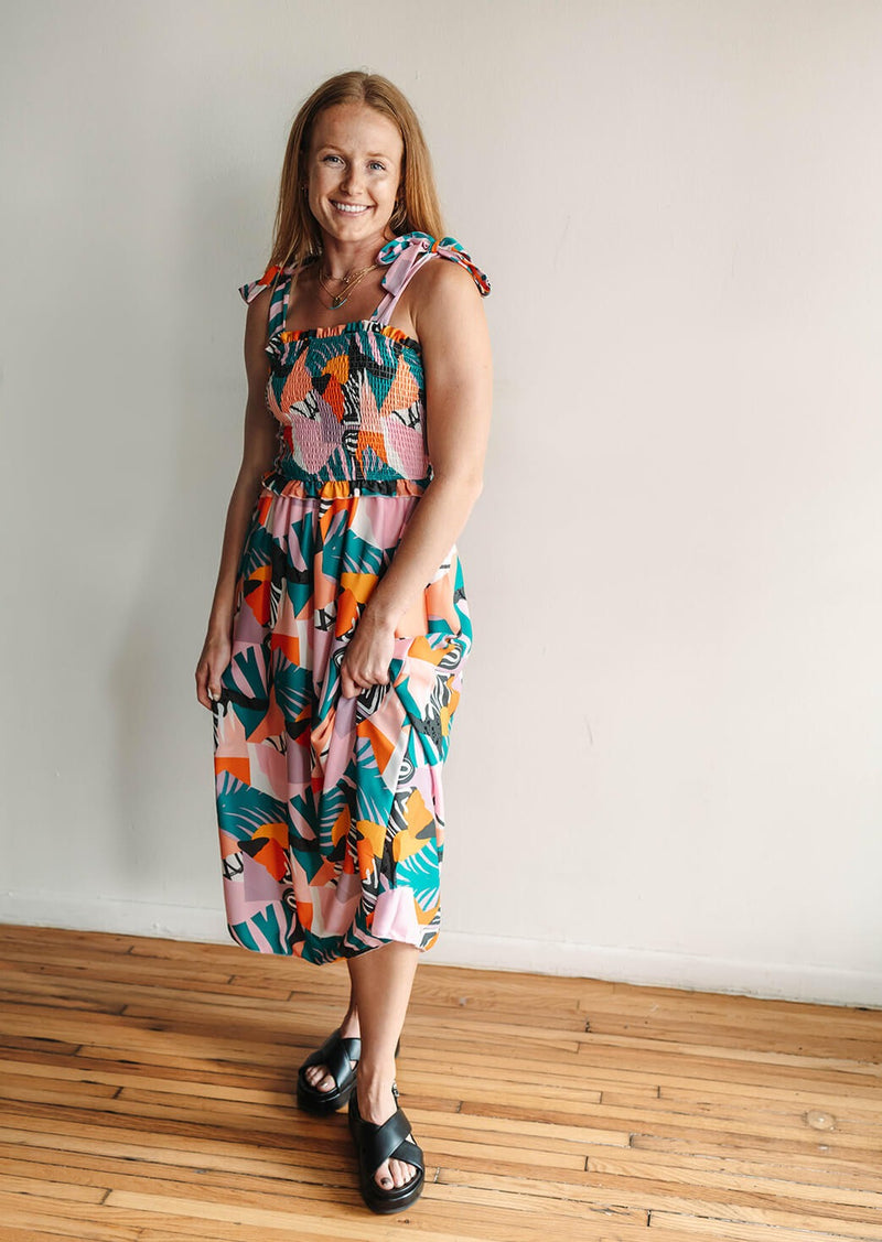 arlo-smocked-midi-dress-tie-sleeves-colorful-palm-print