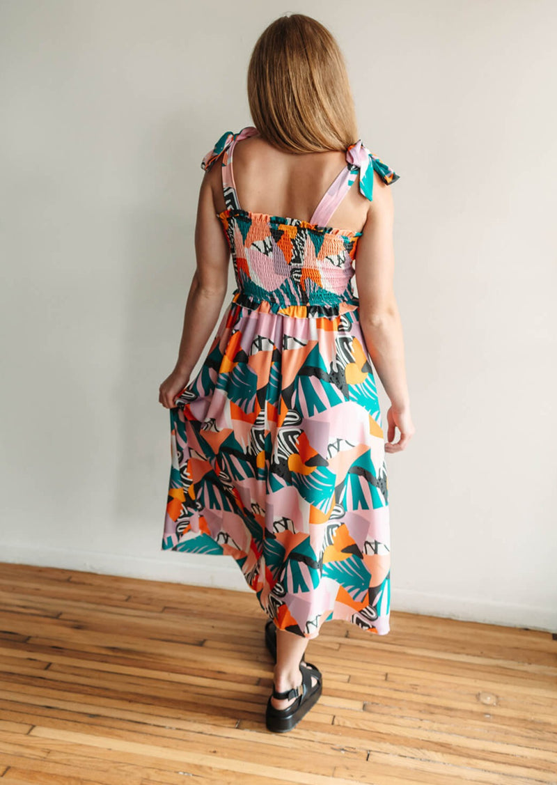 arlo-smocked-midi-dress-tie-sleeves-colorful-palm-print